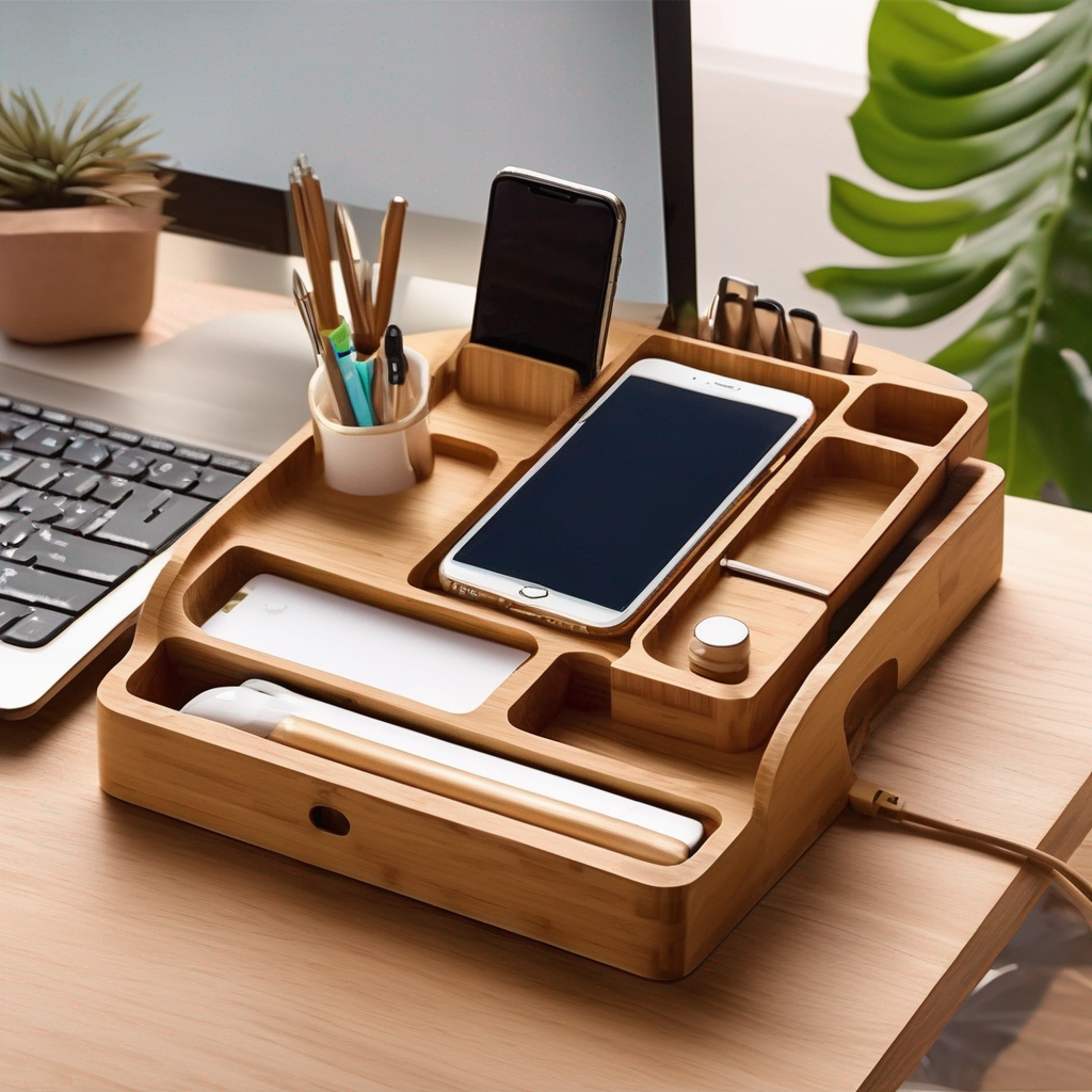 Wooden Desk Organizer with Wireless Charging Station